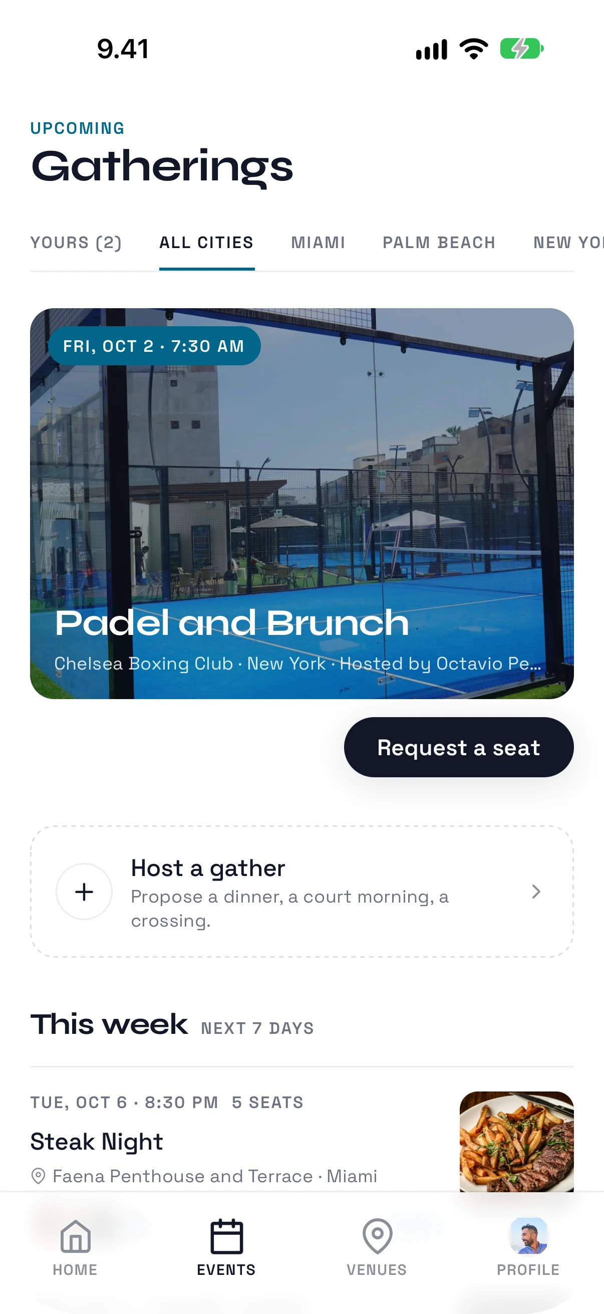 Gatherings screen in the chic E boyz club app